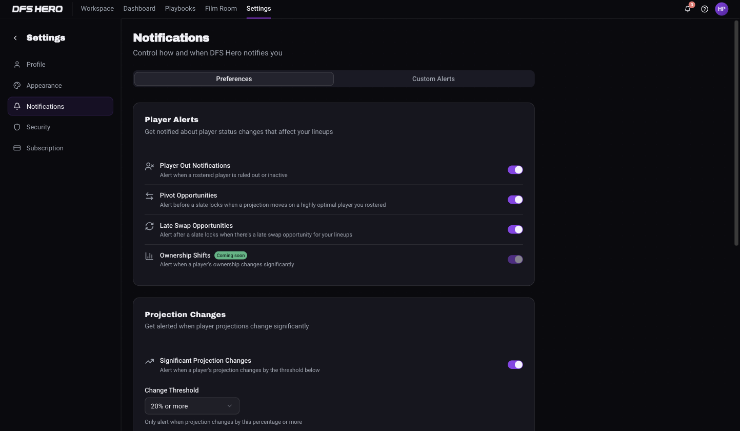 The Preferences tab on the Notifications settings page with the Player Alerts card and the top of the Projection Changes card