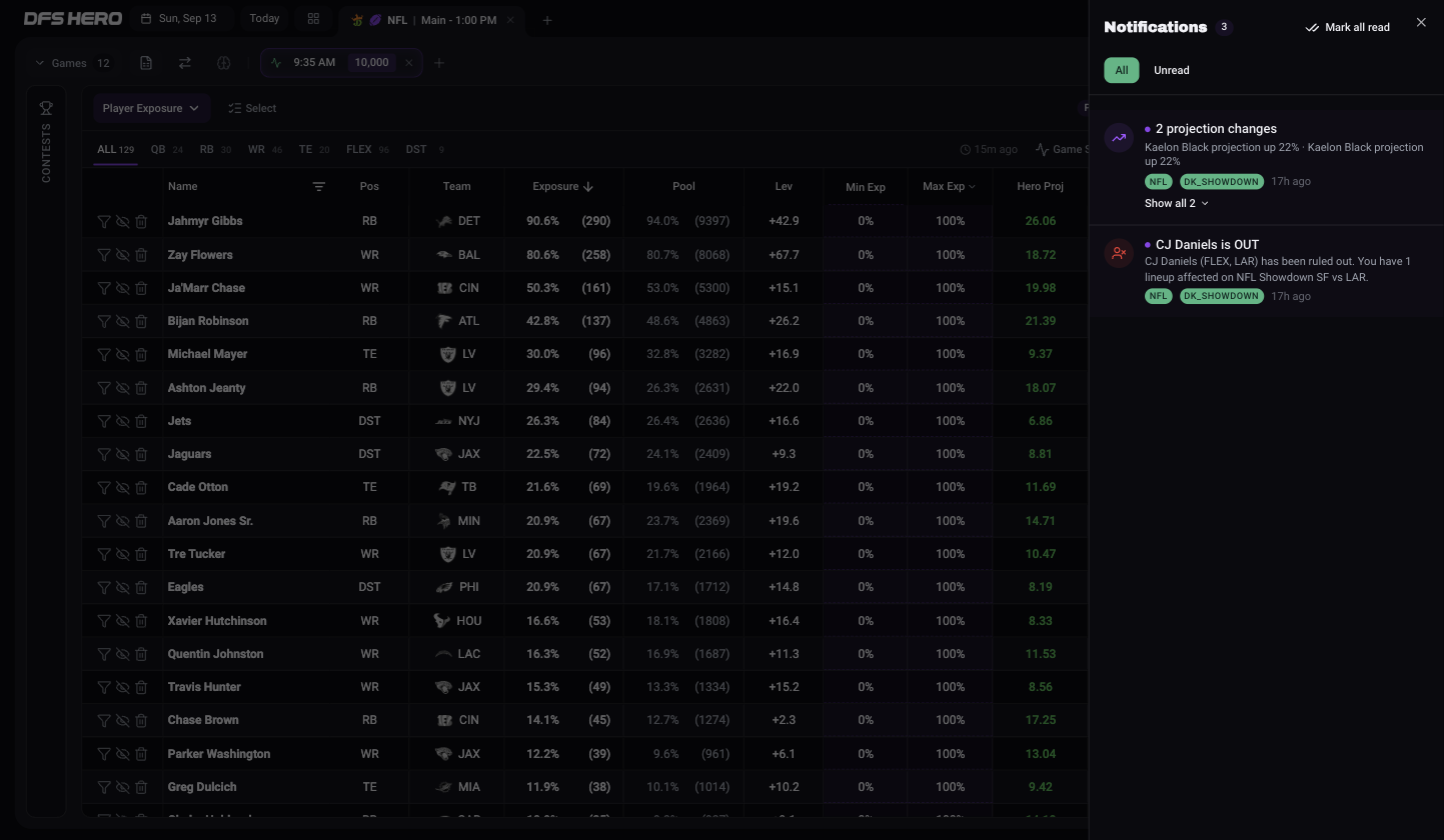 The notification panel opened from the bell, with the All and Unread tabs, Mark all read, a projection change row, and a player out row