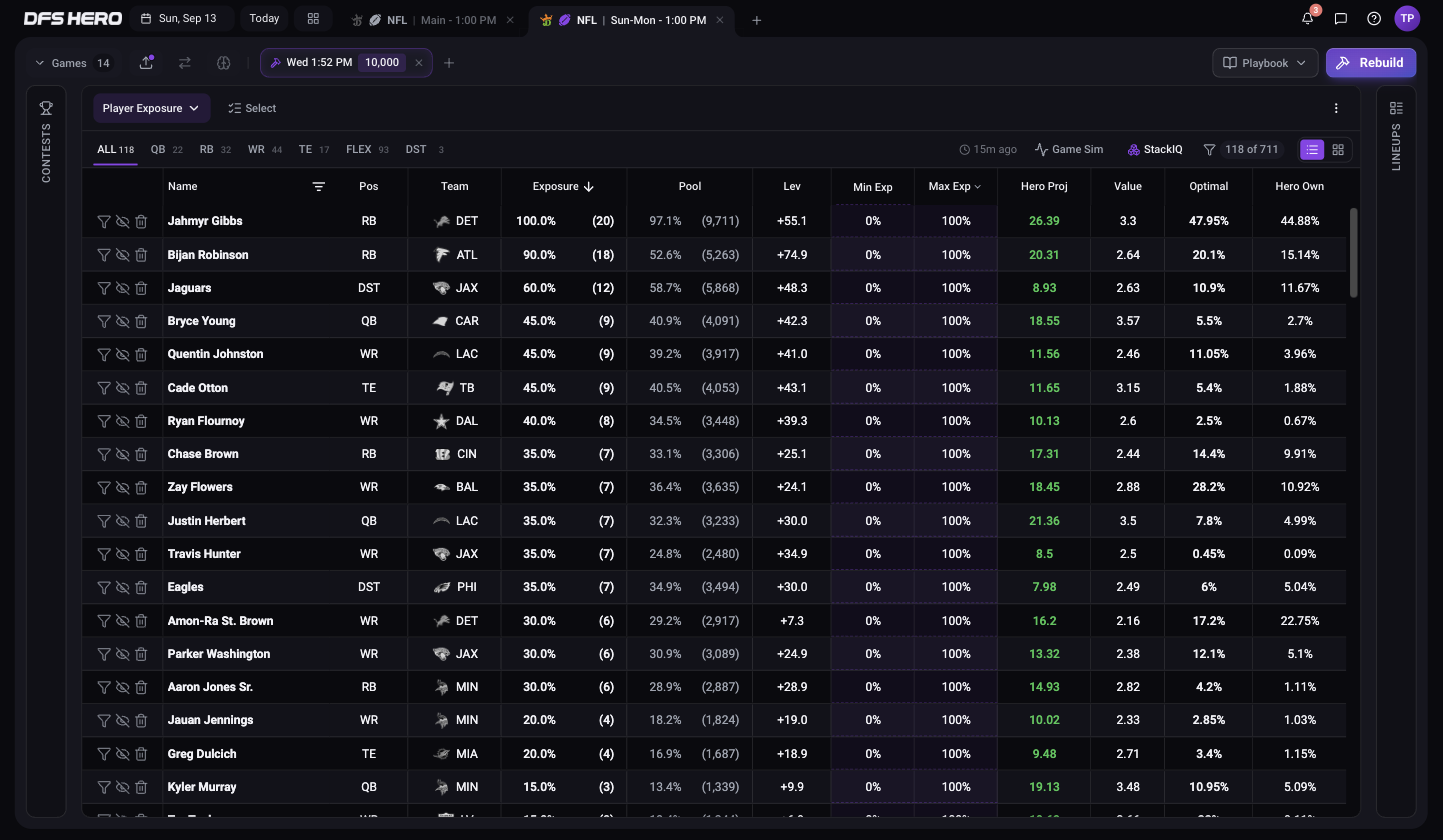 Two slate tabs in the top bar: the DraftKings NFL Main tab and the DraftKings NFL Sun-Mon tab