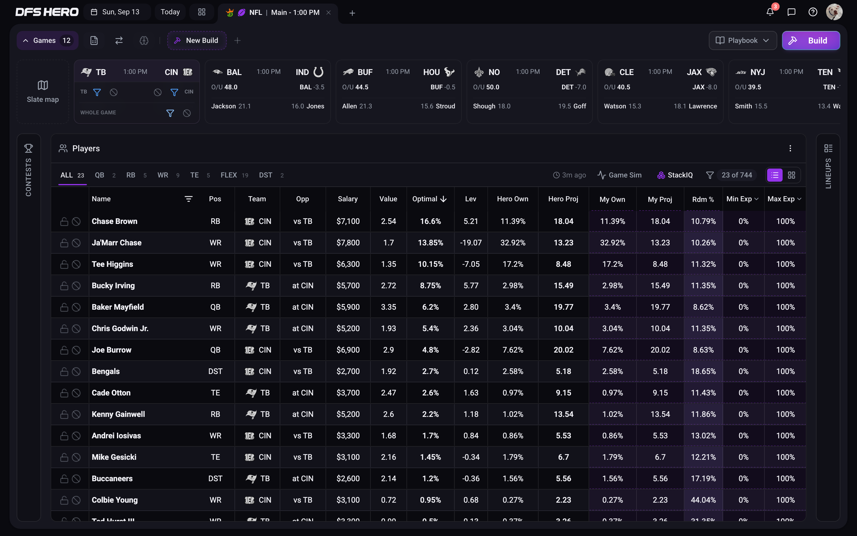 The Player Pool filtered to one game, with the filter chip and the position tabs updated