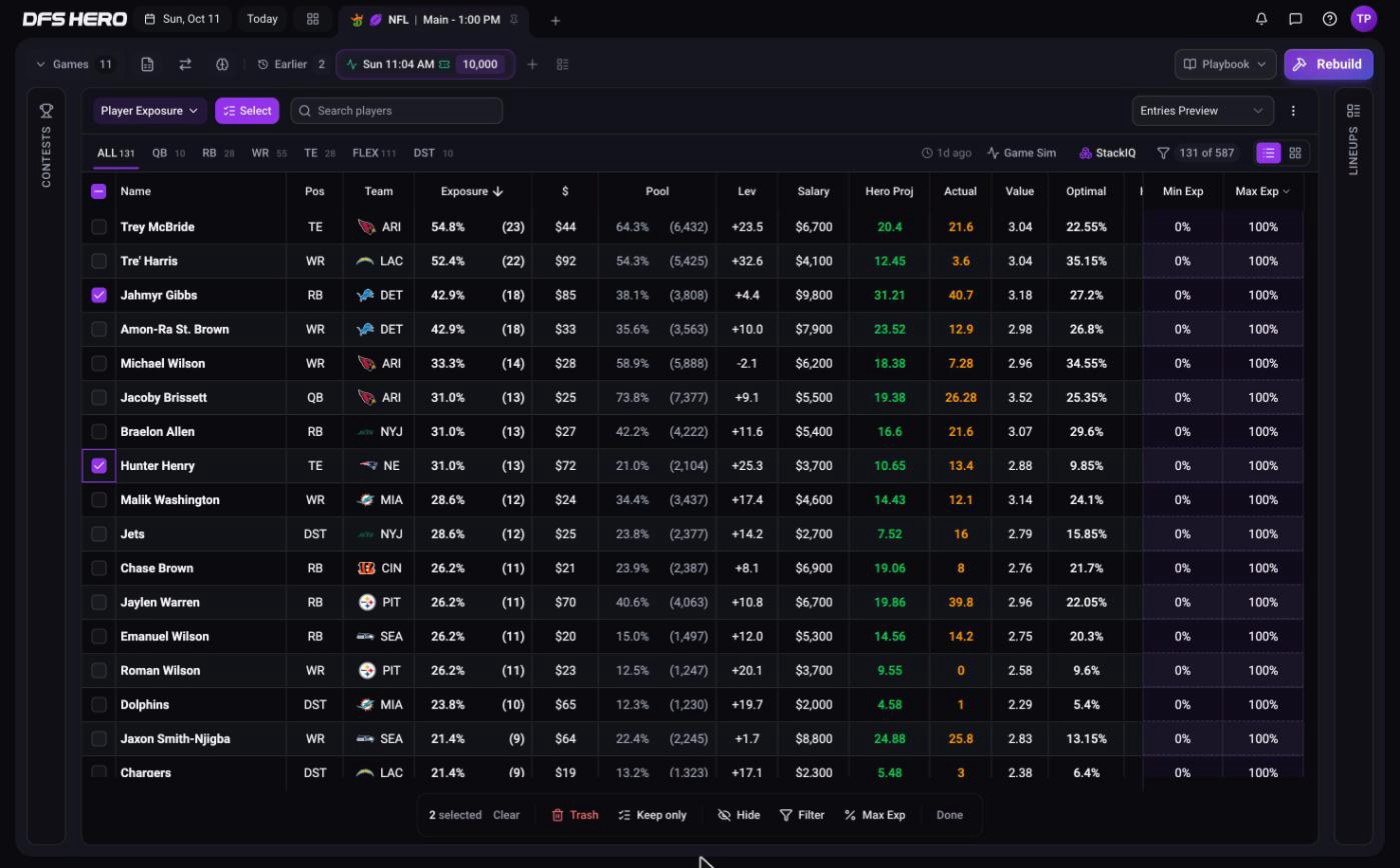 Select mode with two rows checked and the bulk bar showing Clear, Trash, Keep only, Hide, Filter, Max Exp, and Done