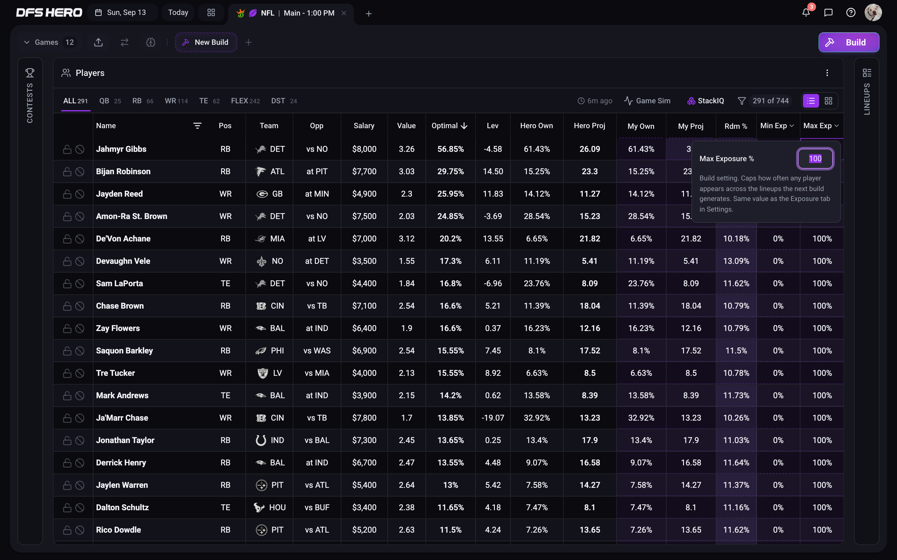 The Max Exposure % popover open from the Max Exp header, with the build setting note