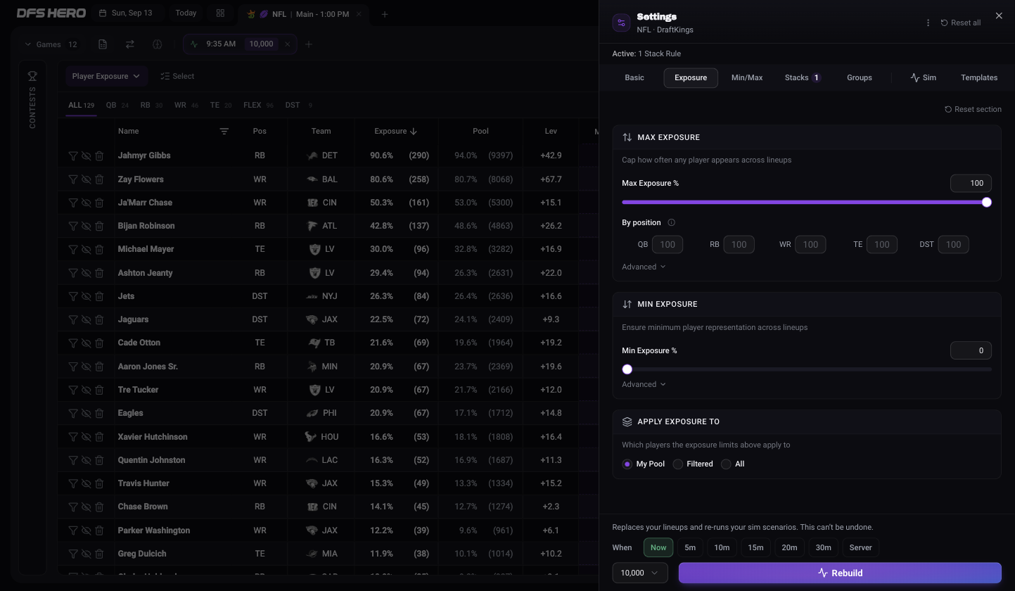 The Exposure tab of Build Settings with the Max Exposure card, its By position fields, the Min Exposure card, and the Apply Exposure To card