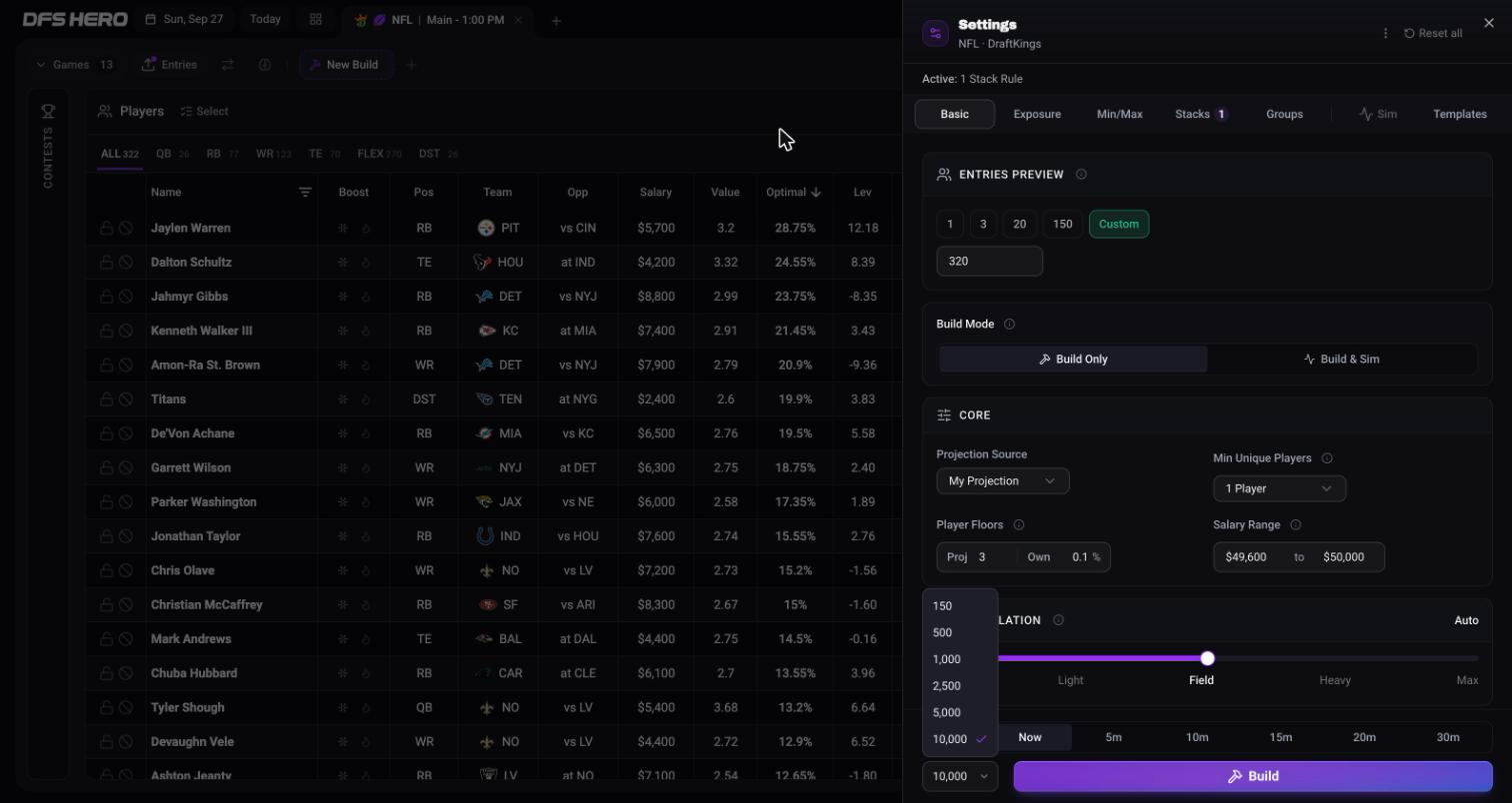 The lineup count shortcuts open above the Build Settings footer, listing 150, 500, 1,000, 2,500, 5,000, and 10,000