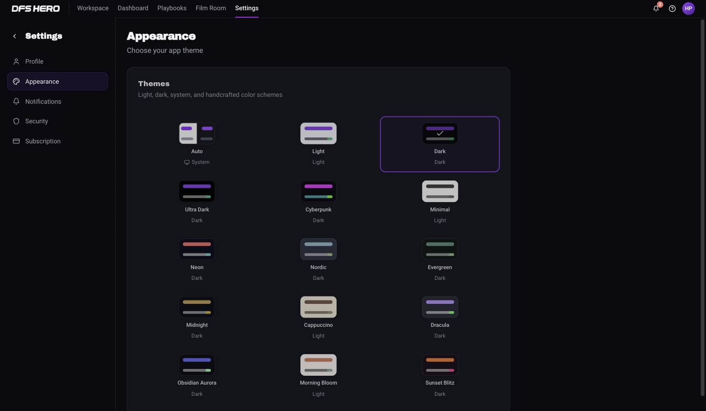 The Themes card on the Appearance page with the Auto, Light, and Dark swatches and twelve handcrafted themes, each labeled Dark or Light
