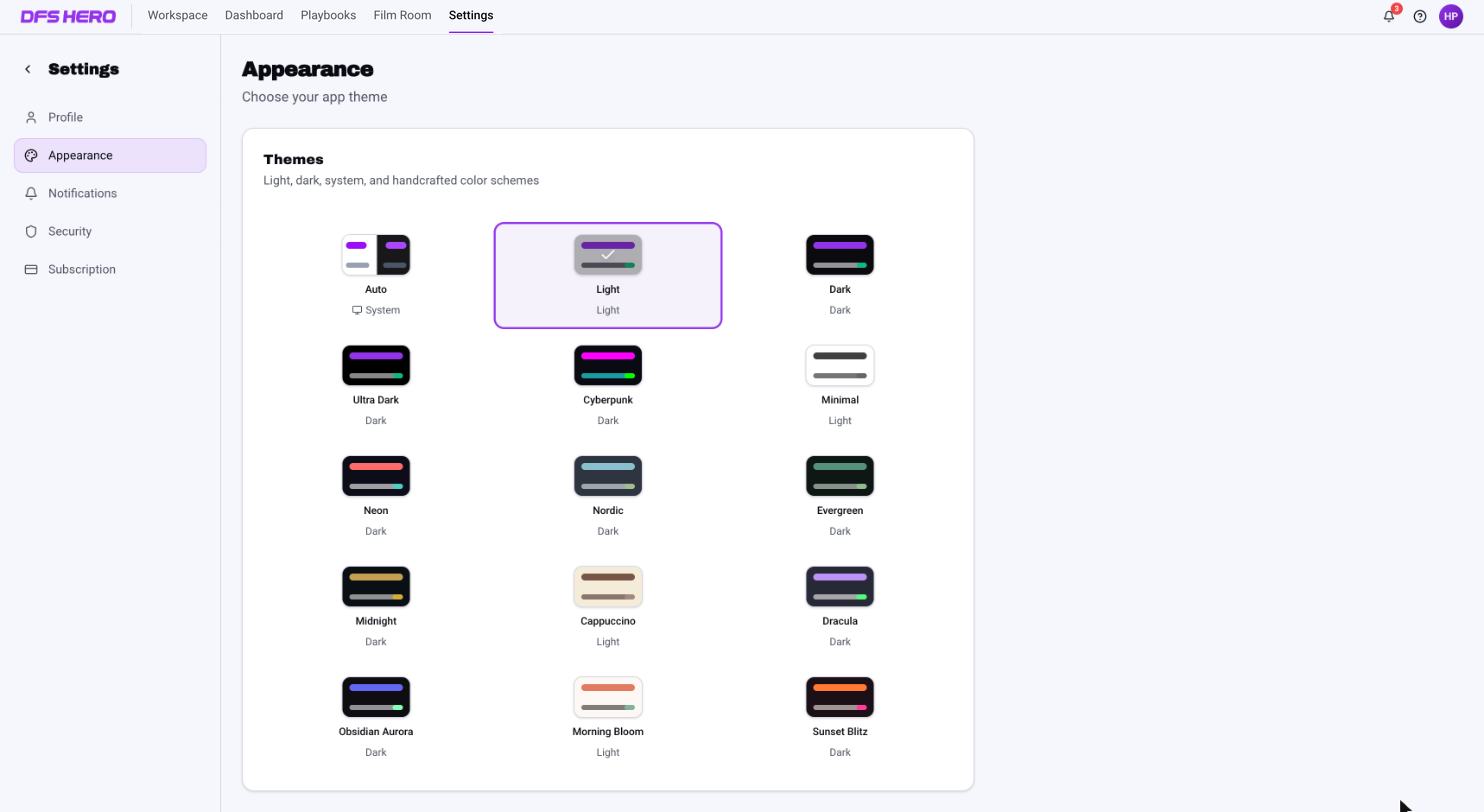 The Appearance page after the Light swatch is selected, with the whole app in the light theme