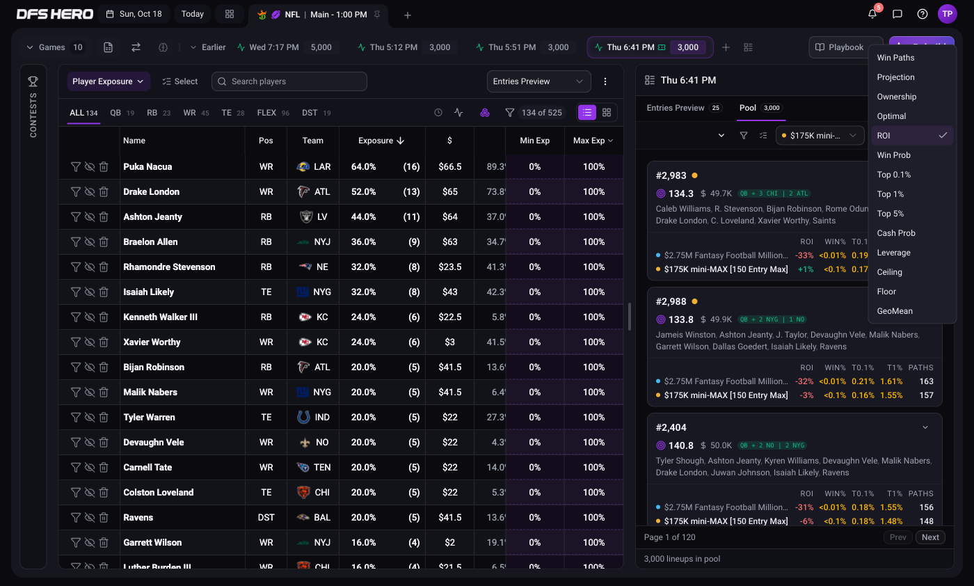 The Rank by dropdown open on the Pool tab after a simulation, with ROI checked and Win Paths, Projection, Ownership, Optimal, and the sim metrics listed