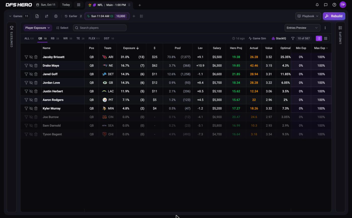 The grid with the QB tab selected and only quarterbacks listed