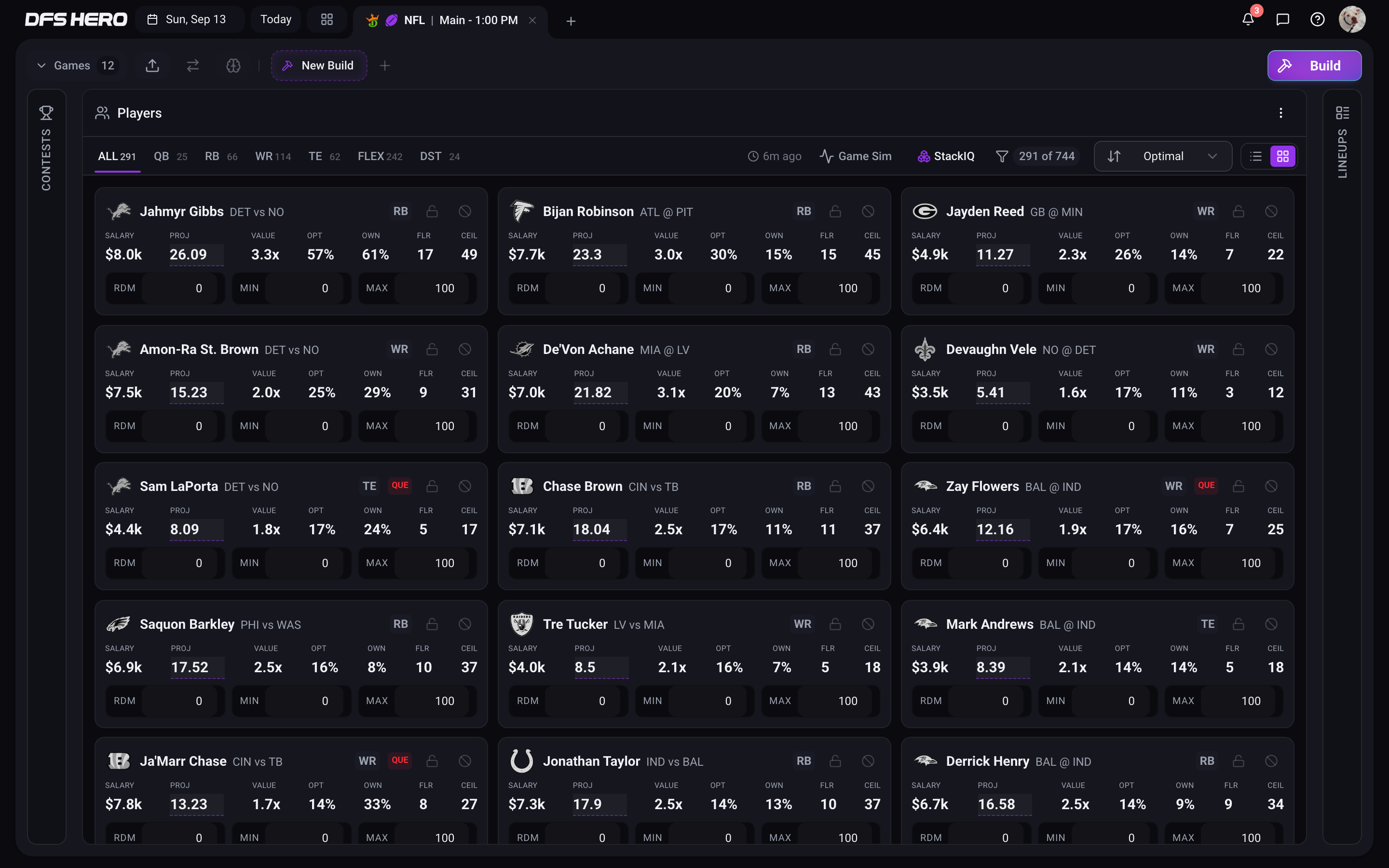 The Players panel in card view, one card per player with the RDM, MIN, and MAX inputs