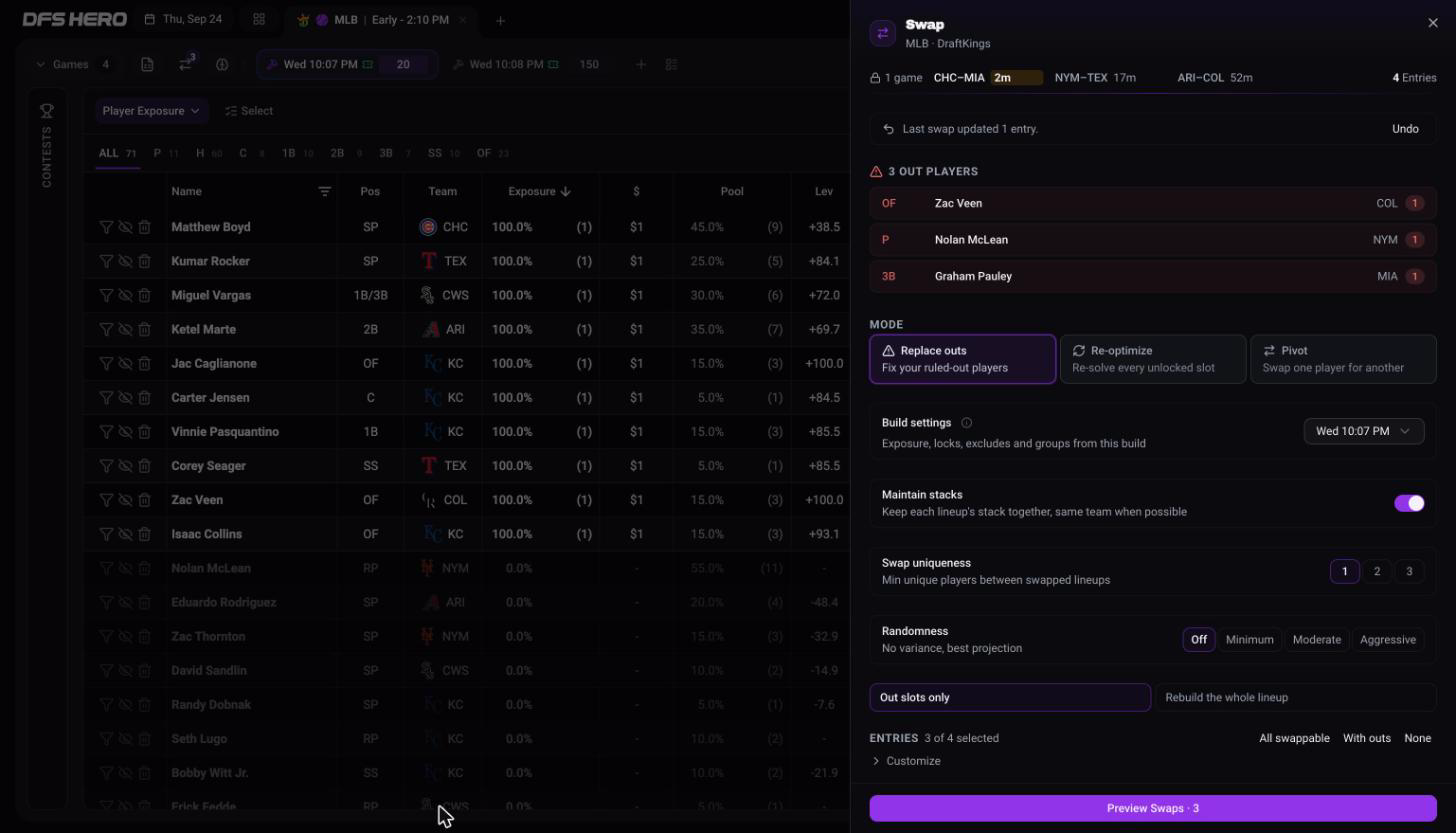 The Swap sheet after the first game locked, with the lock clock, the Undo row, three out players, Replace outs selected under MODE, and the settings