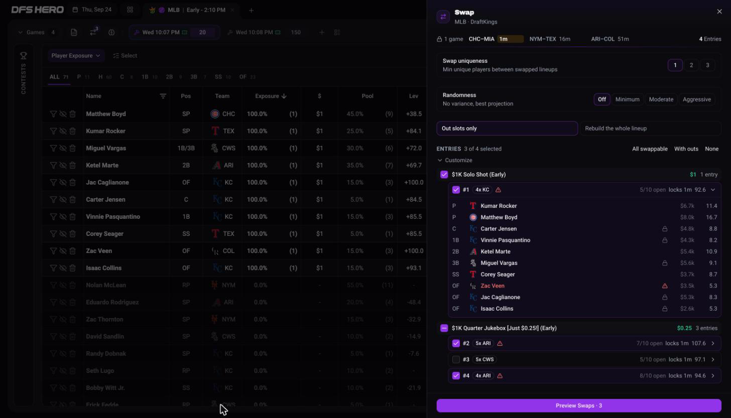 The Customize list with both contests, entry #1 ticked and expanded to show its seats, the locked seats marked with a lock, and the out player in red