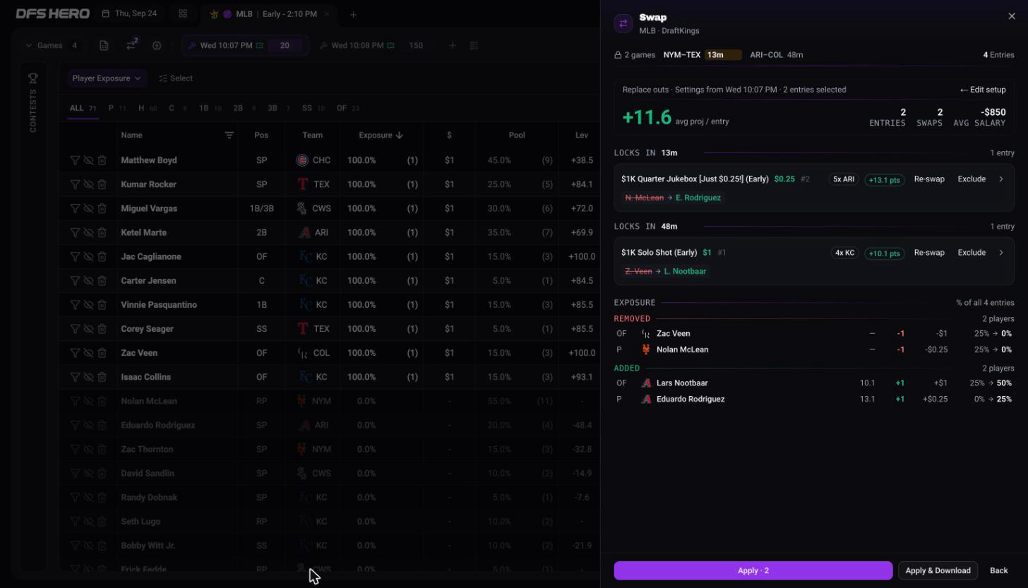 The results step with the summary card reading +11.6 avg proj per entry, one diff card per changed entry under its lock time, the EXPOSURE table, and the Apply footer