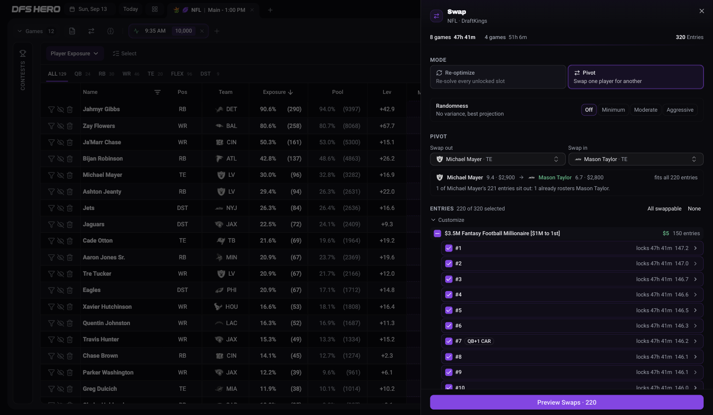 The Swap sheet in Pivot mode before lock with a player in Swap out, a replacement in Swap in, and the comparison strip reading fits all 220 entries