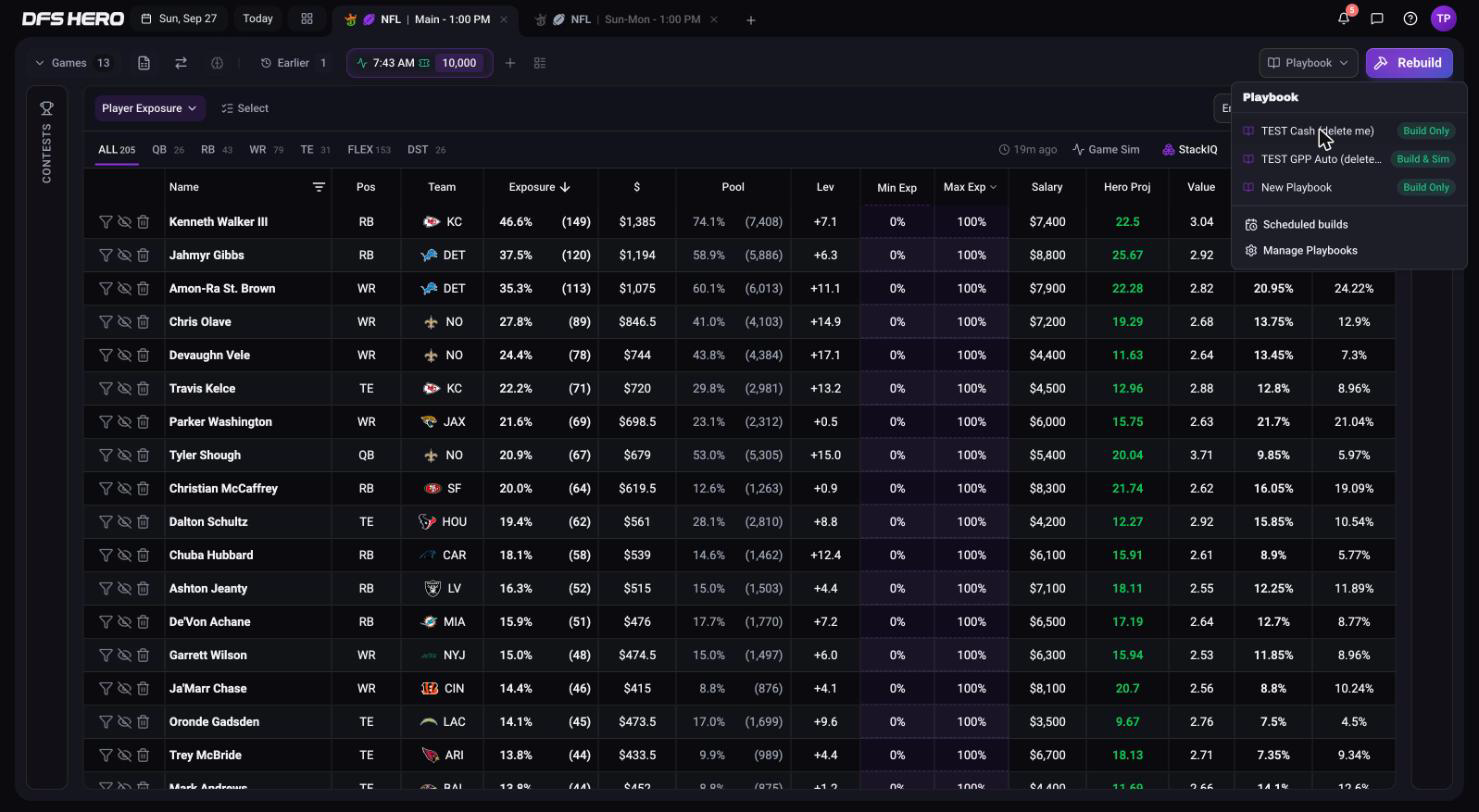 The Playbook dropdown open in the NFL workspace, listing three NFL playbooks with their Build Only and Build & Sim badges, then Scheduled builds and Manage Playbooks