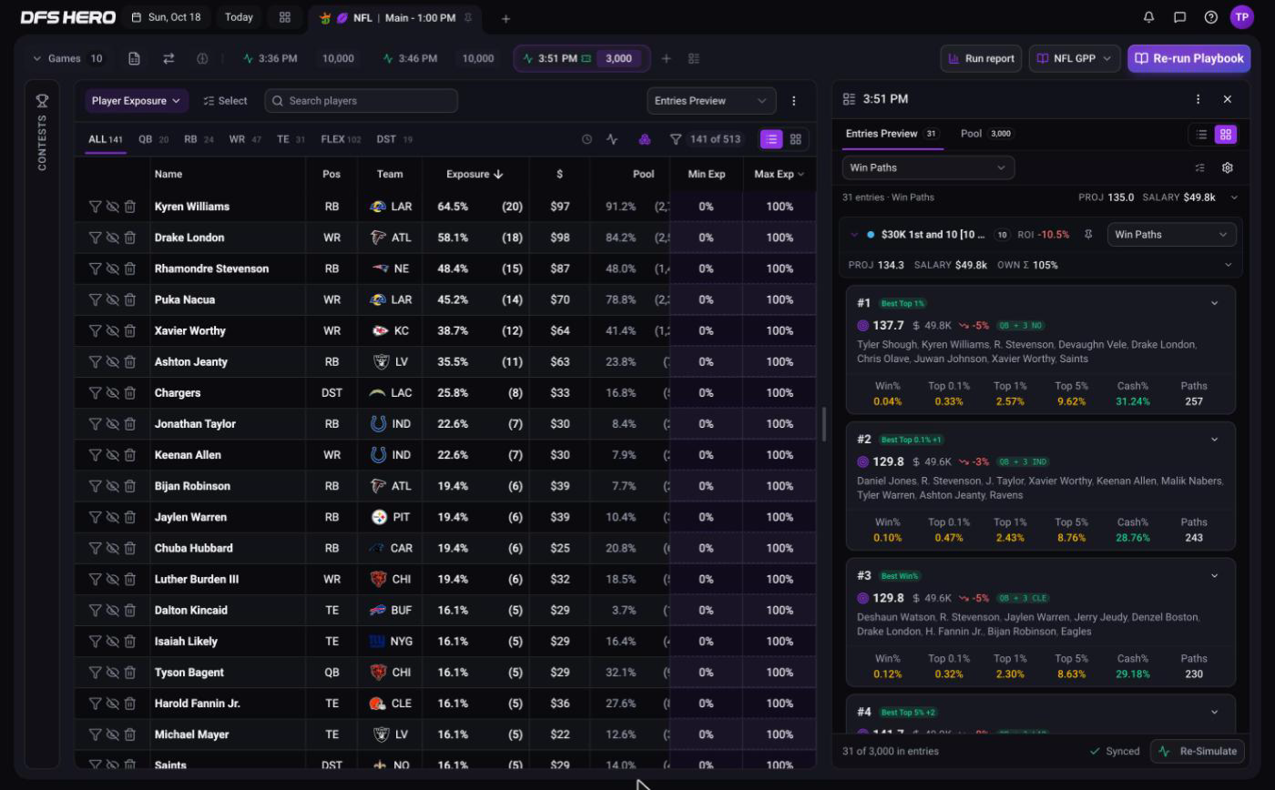 The workspace toolbar with the NFL GPP playbook armed, Run report beside it, and the Re-run Playbook button, because the active build tab holds the run's lineups