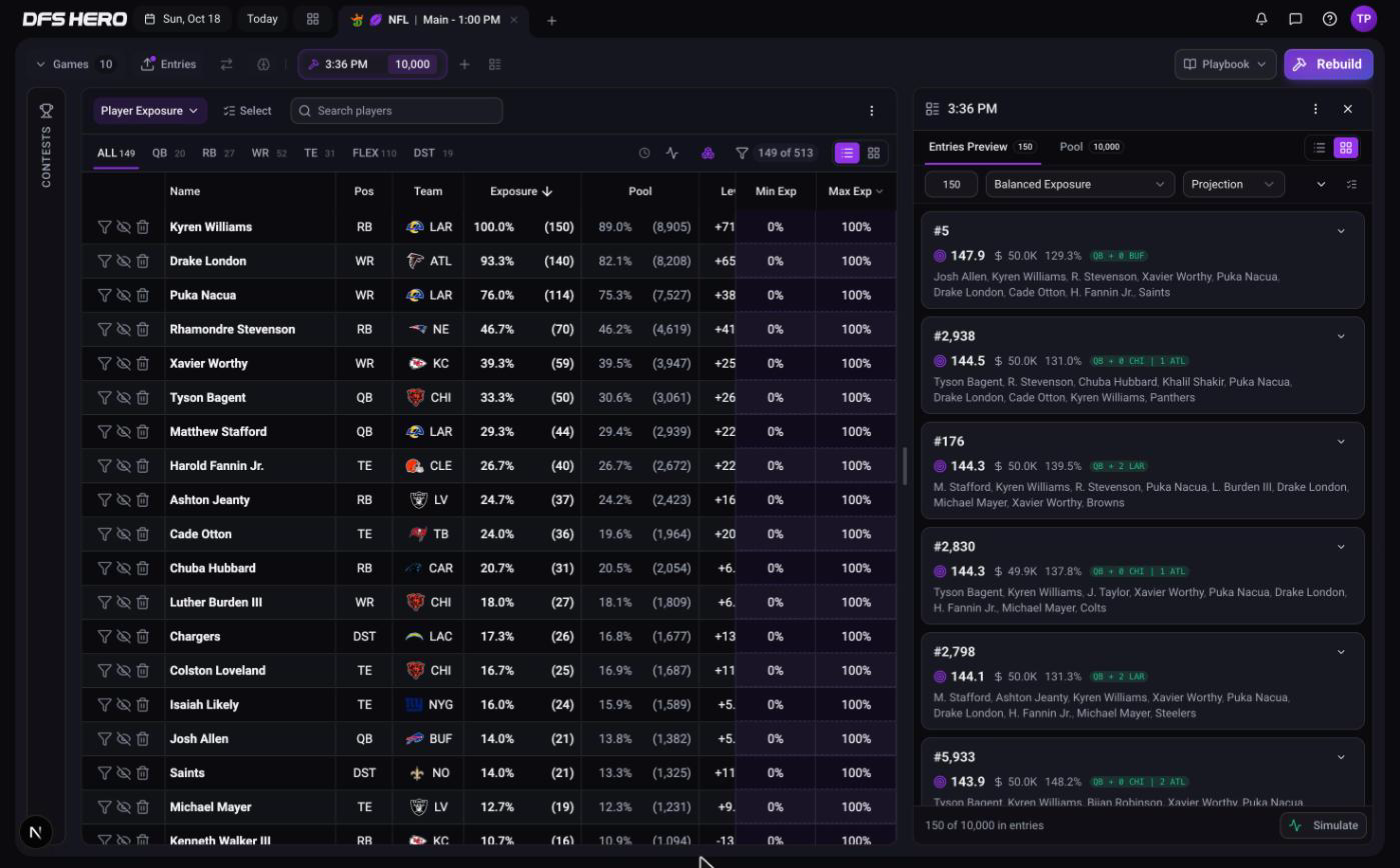 The lineups panel after a build, with the Simulate button in the footer