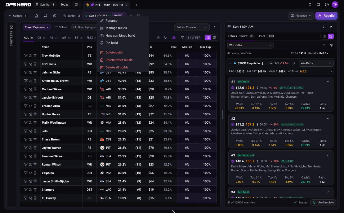 The right-click menu on a build tab: Rename, Manage builds, New combined build, Pin build, Delete build, Delete other builds, Delete all builds
