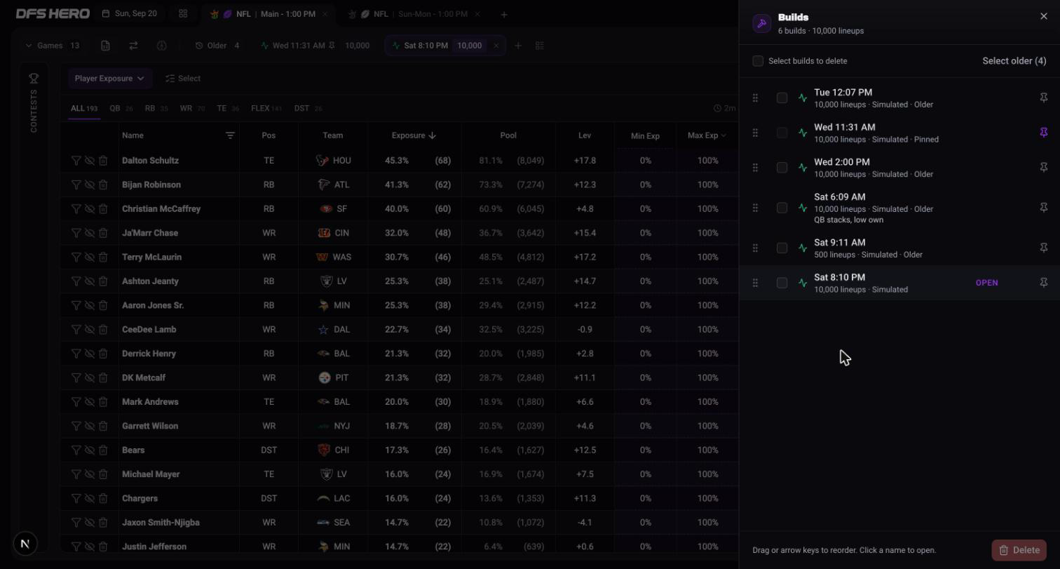 The Manage builds sheet with six builds: one row pinned, one row carrying a note, and the open build marked Open
