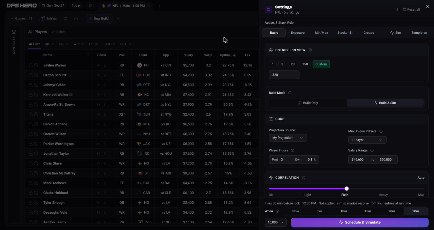 The Build sheet with When set to 30m, the fire time above the row, and the Schedule & Simulate button