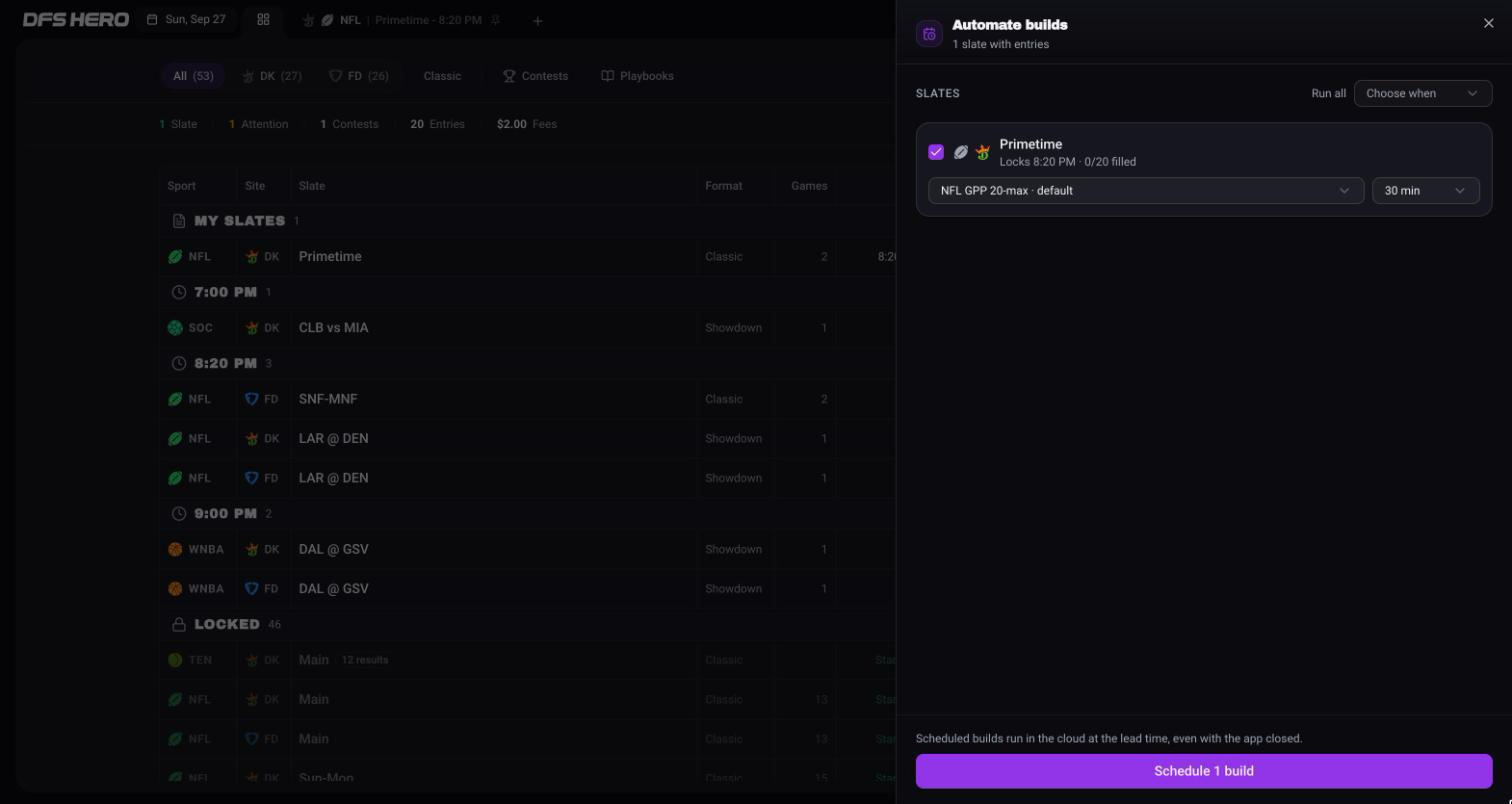 The Automate builds sheet with the NFL Primetime slate ticked, the default playbook, a 30 min lead, and the footer button reading Schedule 1 build