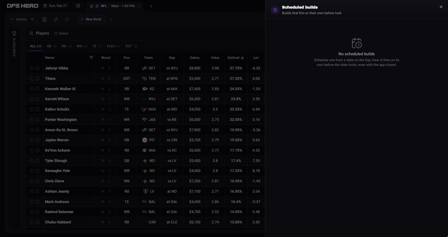 The Scheduled builds sheet in its empty state: No scheduled builds, Schedule one from a slate on the Day View