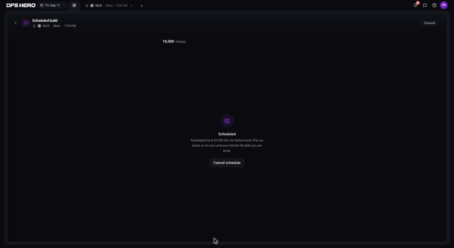 The Mission Report of a queued build: the slate, the Queued pill, the lineup and entry counts, the Scheduled block, and the Cancel schedule button