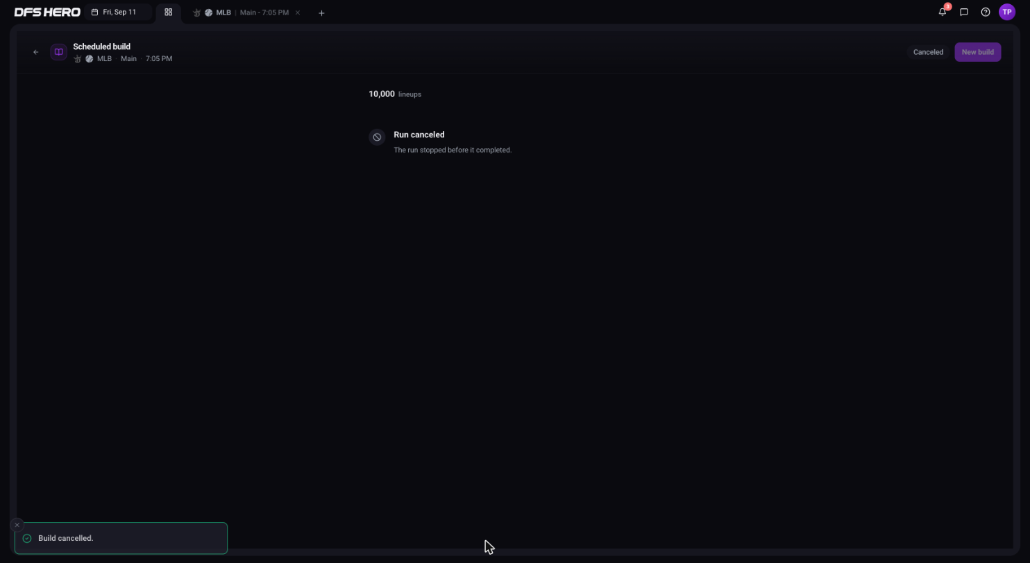 The Mission Report after a cancel: the Canceled pill, the New build button, and the line Run canceled, The run stopped before it completed