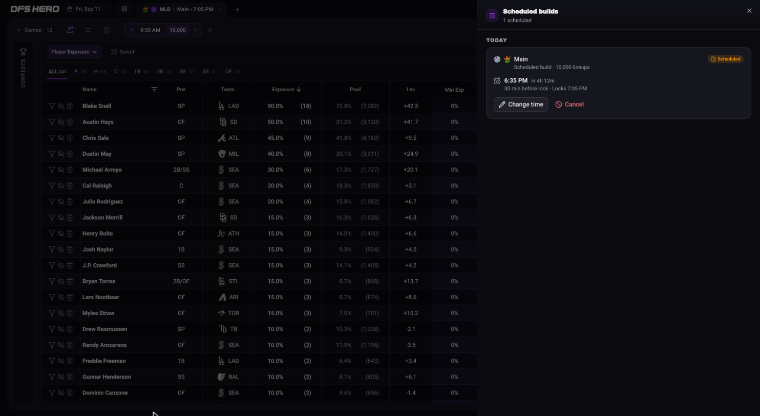 The Scheduled builds sheet with one queued row showing the lineup count, the scheduled time, the lock time, and the Change time and Cancel buttons