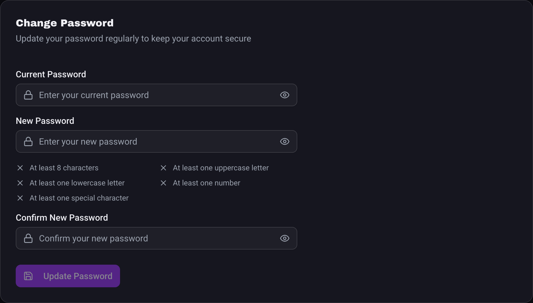 The Change Password card with the Current Password, New Password, and Confirm New Password fields, the live rule checklist, and the Update Password button