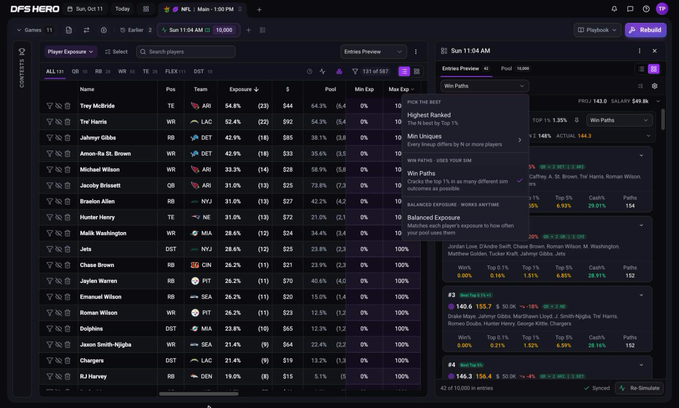 The Selection dropdown after a sim, with Win Paths checked