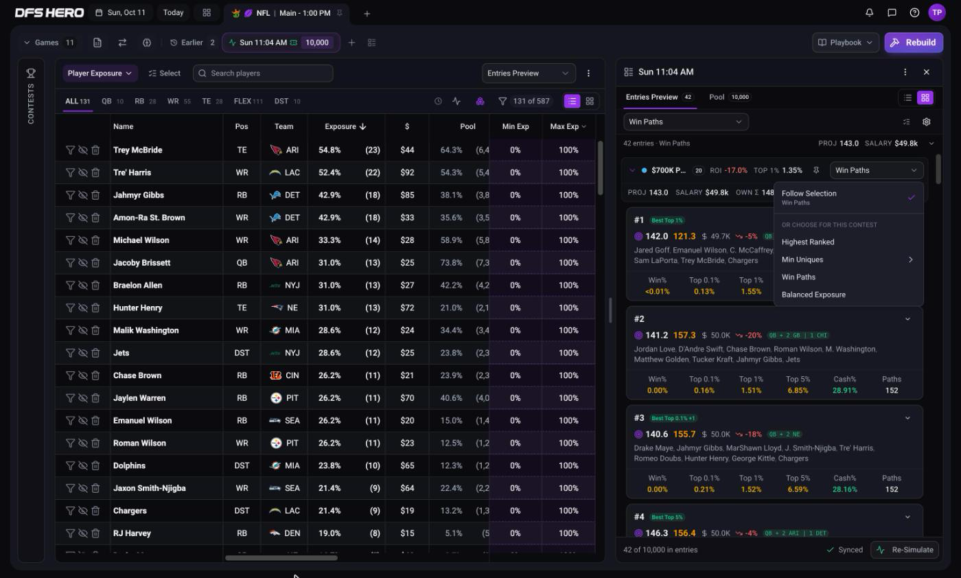 The per-scenario picker open on a contest band, with Follow Selection checked