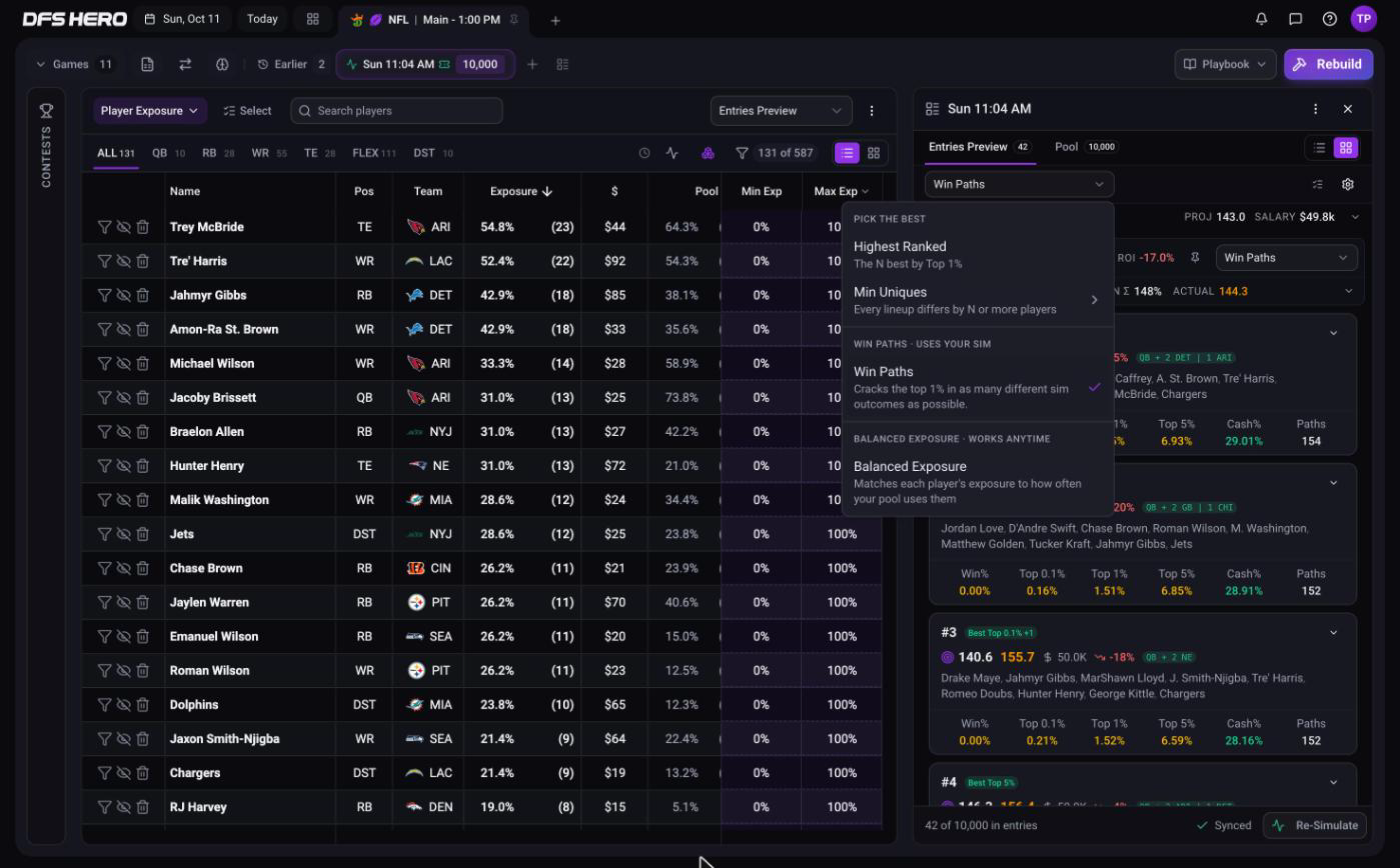 The Selection dropdown open after a sim, showing the PICK THE BEST, WIN PATHS, and BALANCED EXPOSURE sections, with Win Paths checked