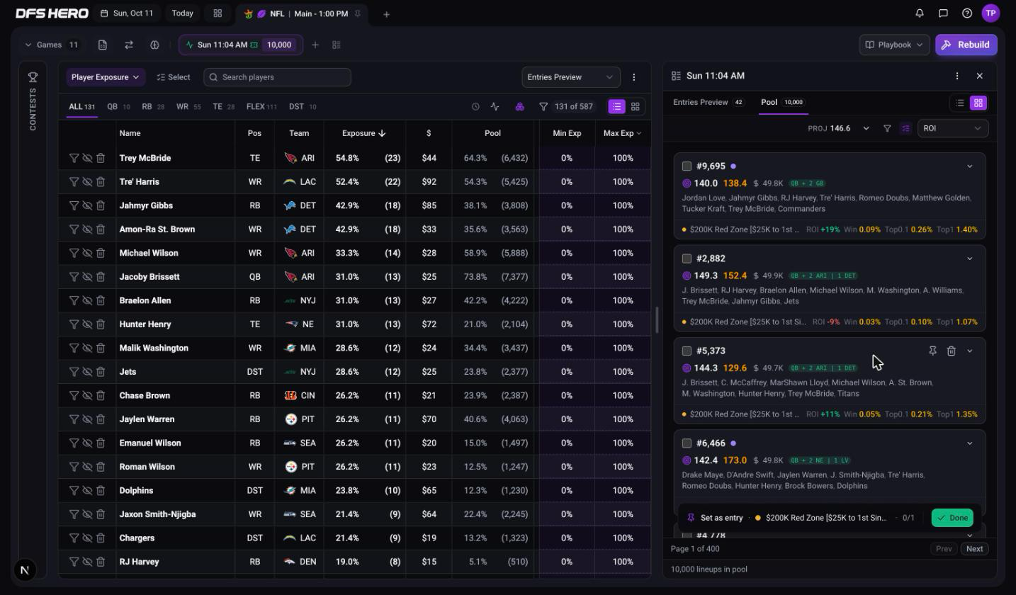 The Pool tab in Select mode with the target bar reading Set as entry, the single-entry contest name, 0/1, and Done. Each card shows only that contest's row, and a purple dot marks the lineups another contest uses