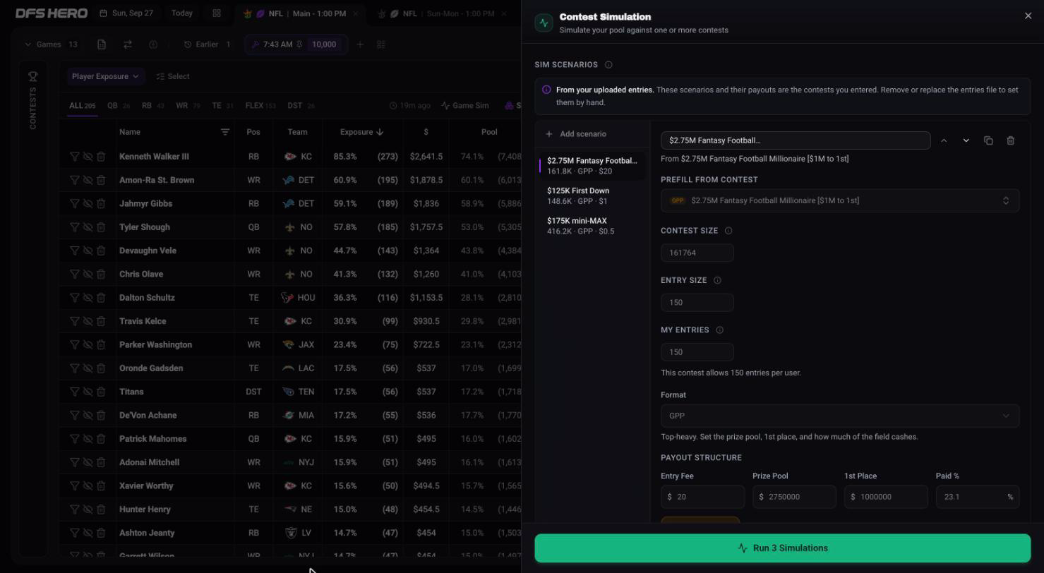 The Contest Simulation sheet with three scenarios locked to the contests in an uploaded entries file: the Millionaire, the $125K First Down, and the $175K mini-MAX