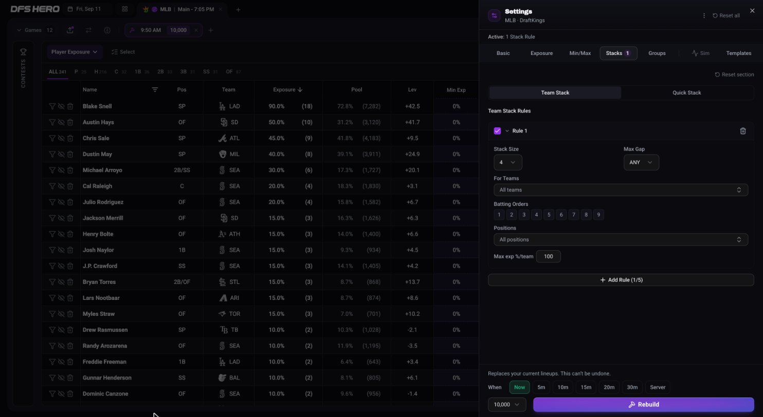 An MLB Team Stack rule on DraftKings with Stack Size 4, Max Gap ANY, Batting Orders 1 to 9, and Positions