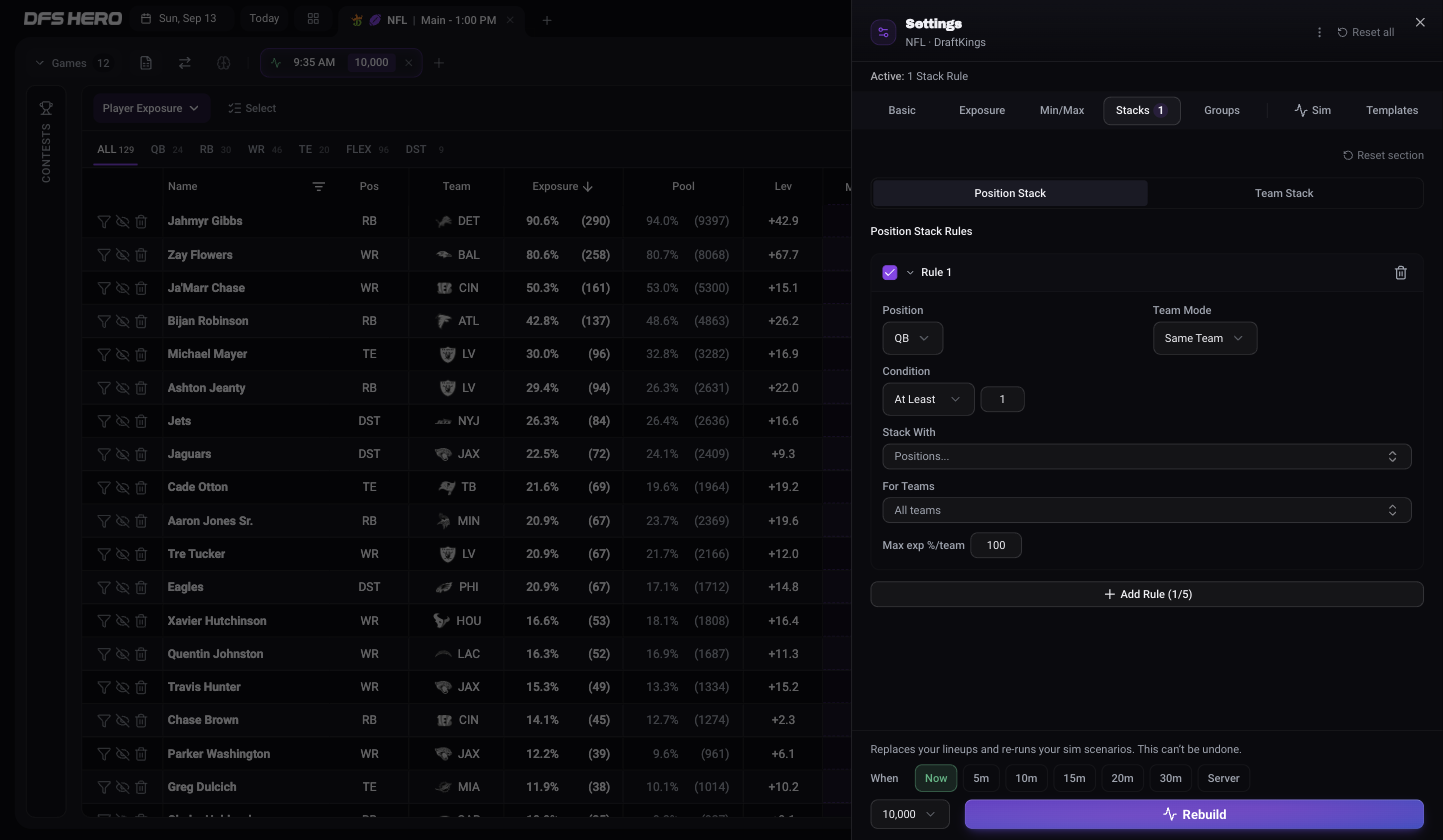 The Build Settings sheet, Stacks tab for NFL on DraftKings, with the Position Stack and Team Stack toggle and one Position Stack rule, Rule 1, at its defaults