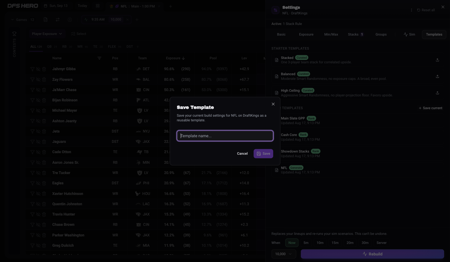 The Save Template dialog with the text Save your current build settings for NFL on DraftKings as a reusable template and an empty Template name field
