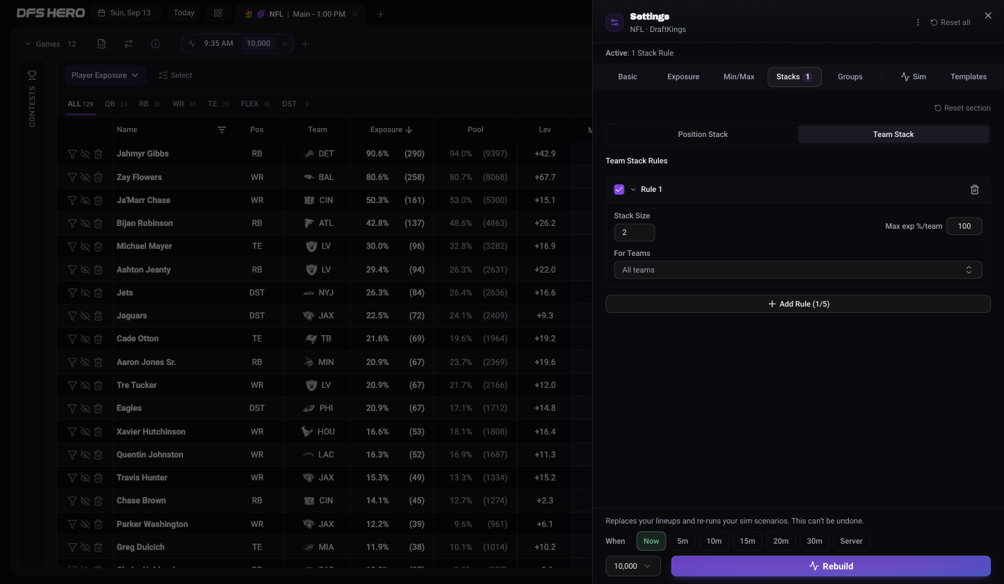 The Stacks tab with Team Stack selected and Rule 1: Stack Size 2, Max exp %/team 100, For Teams All teams, and the footer with When Now, the lineup count, and the build button