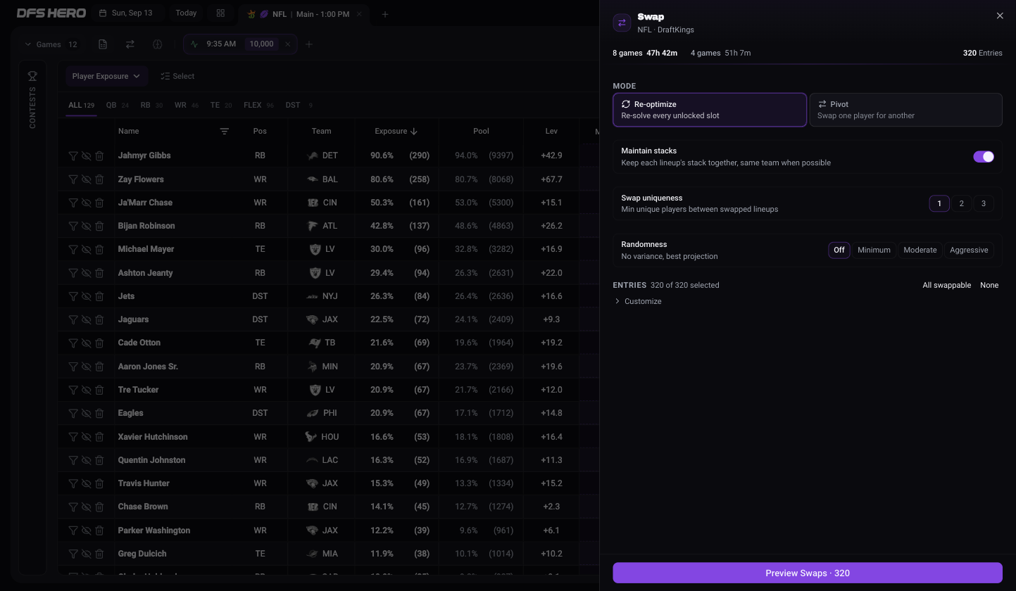 The Swap sheet before lock: the lock clock with two waves of games, the entry count, the Re-optimize and Pivot modes, Maintain stacks, Swap uniqueness, Randomness, and the Preview Swaps button