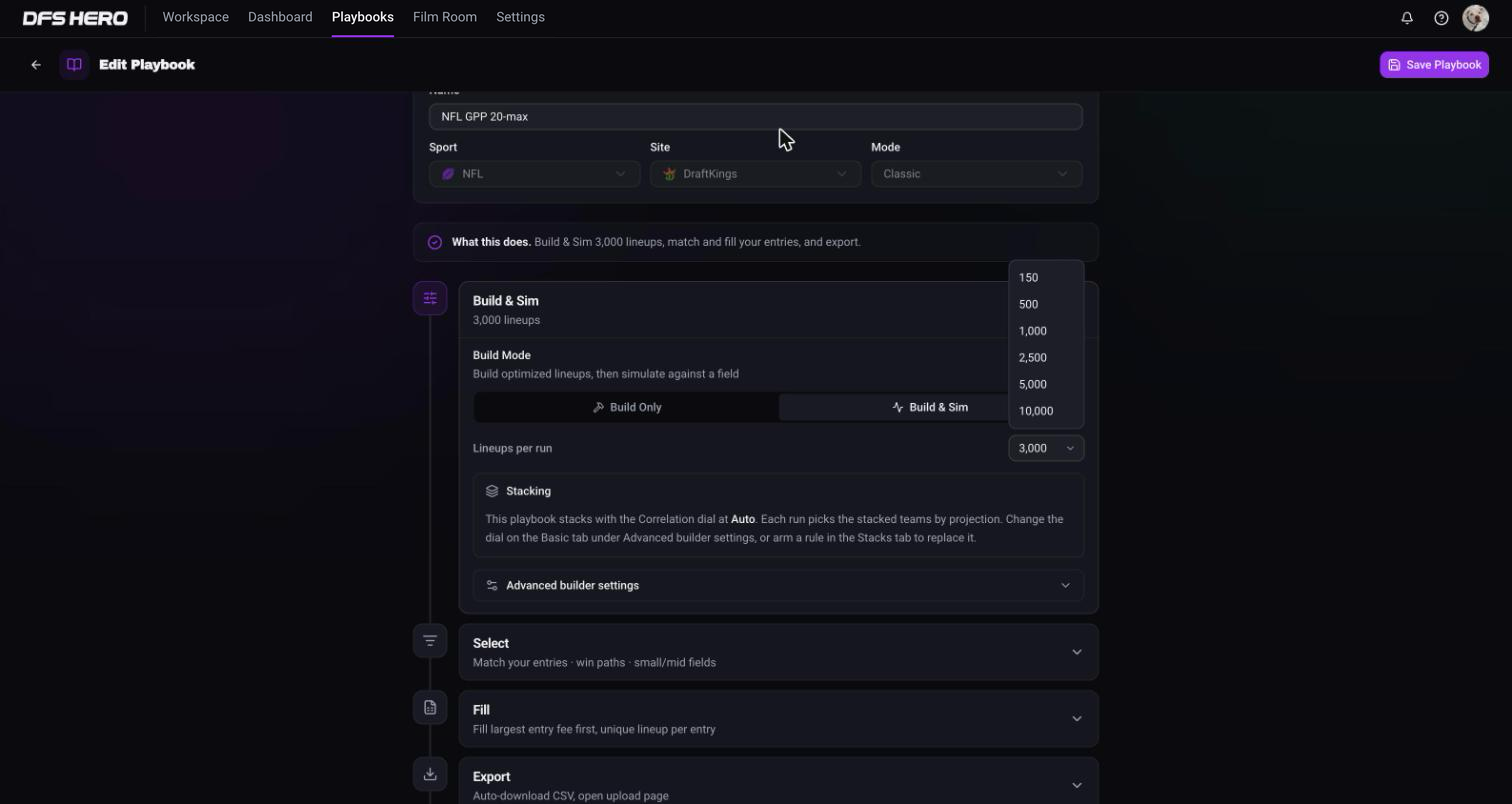 The Lineups per run shortcuts open, listing 150 through 10,000