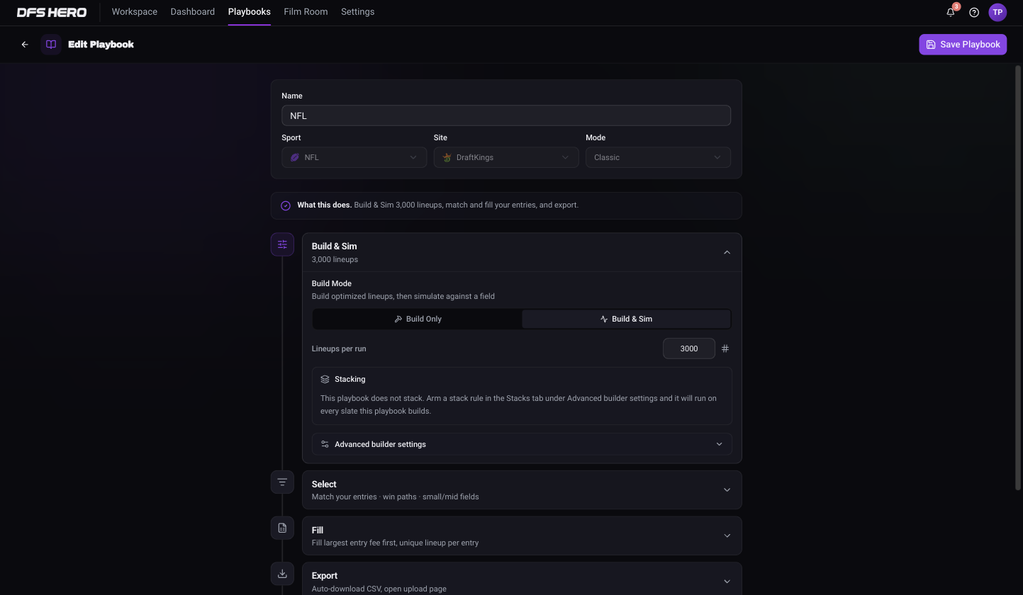 The Build & Sim stage with Build Mode, Lineups per run at 3000, the Stacking block reading This playbook does not stack, and the Advanced builder settings row