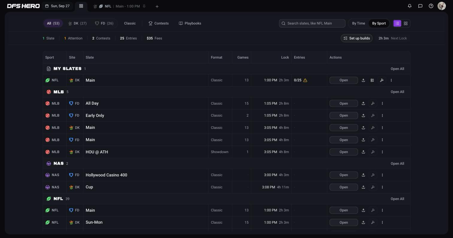 The Day View grouped By Sport, with each sport's group and its Open All button