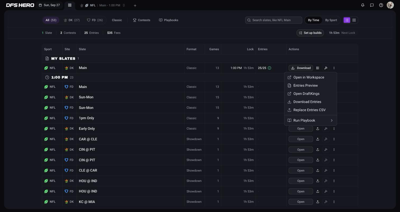 The slate menu on a DraftKings Main slate with entries: Open in Workspace, Entries Preview, Open DraftKings, Download Entries, Replace Entries CSV, and Run Playbook