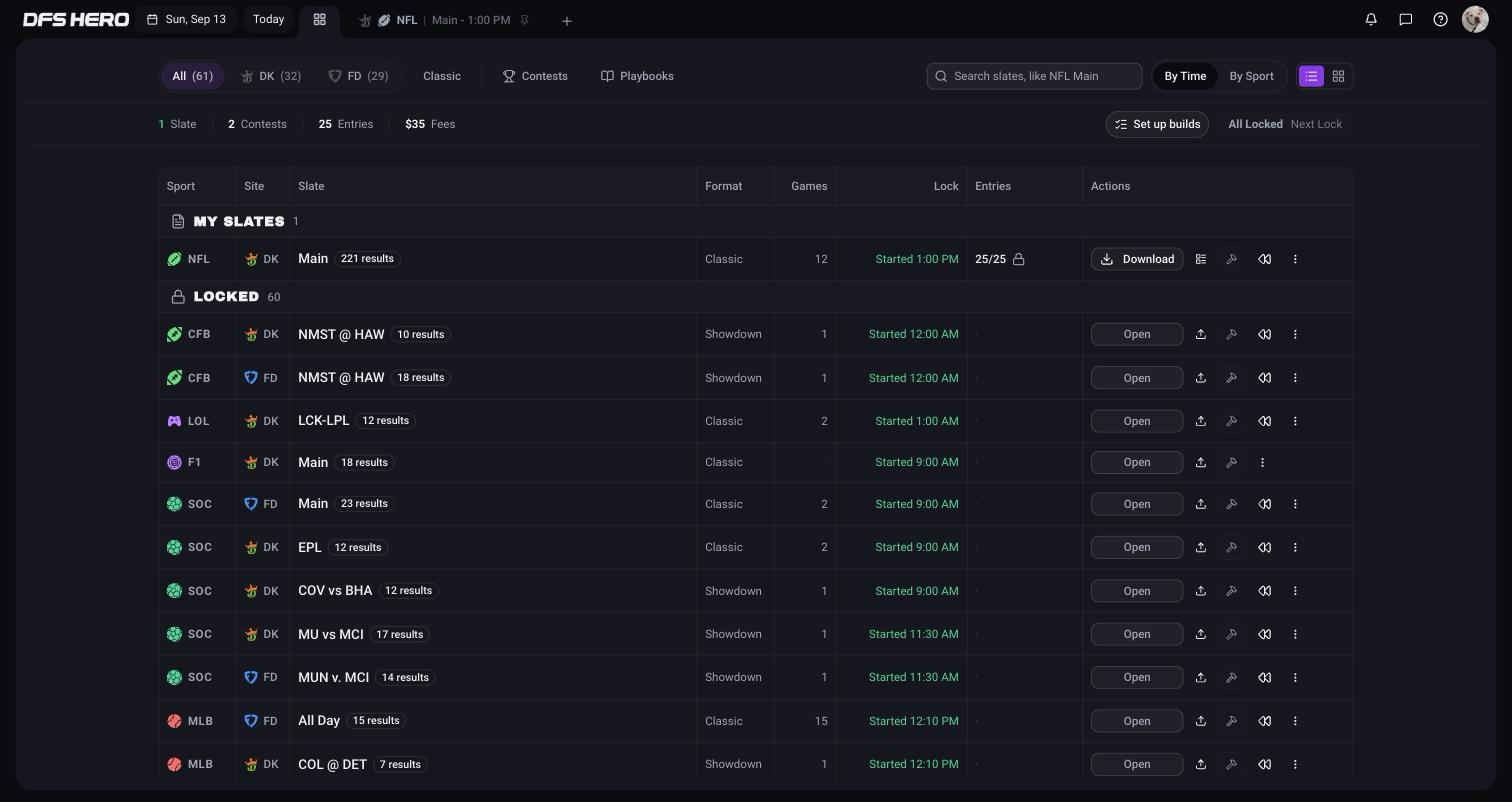 A past date on the Day View: the NFL Main slate in My slates, every other slate under Locked, with result counts and Replay icons
