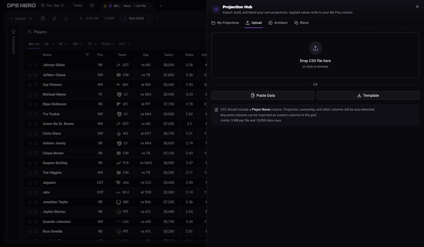 The Upload tab of Projection Hub with the drop zone, the Paste Data and Template buttons, and the CSV hint
