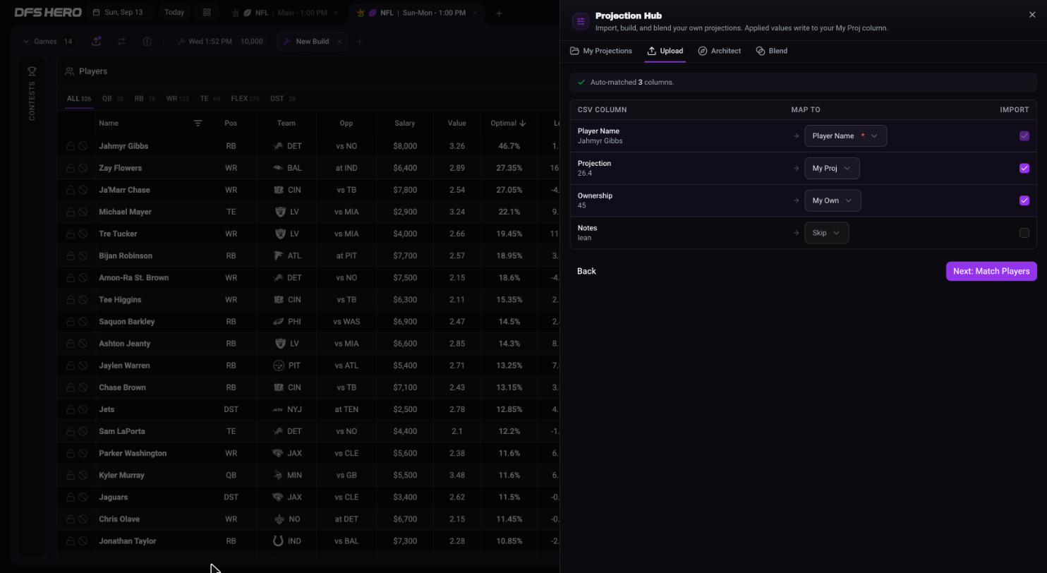 The column mapping step with Player Name, Projection, and Ownership mapped and a Notes column set to Skip
