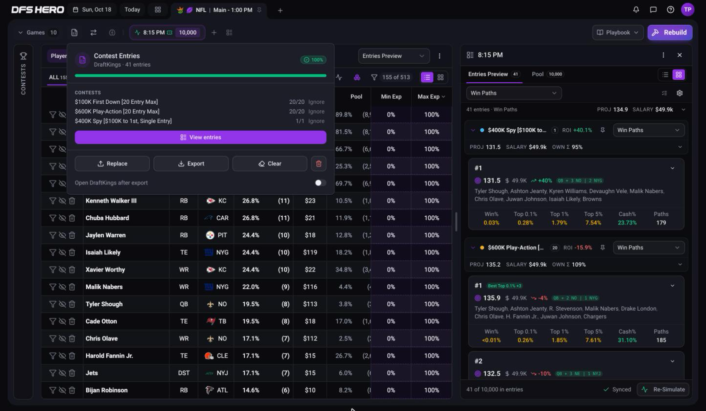 The Contest Entries popover on an NFL Main slate: DraftKings, the entry count, the fill bar, and each contest with its filled count