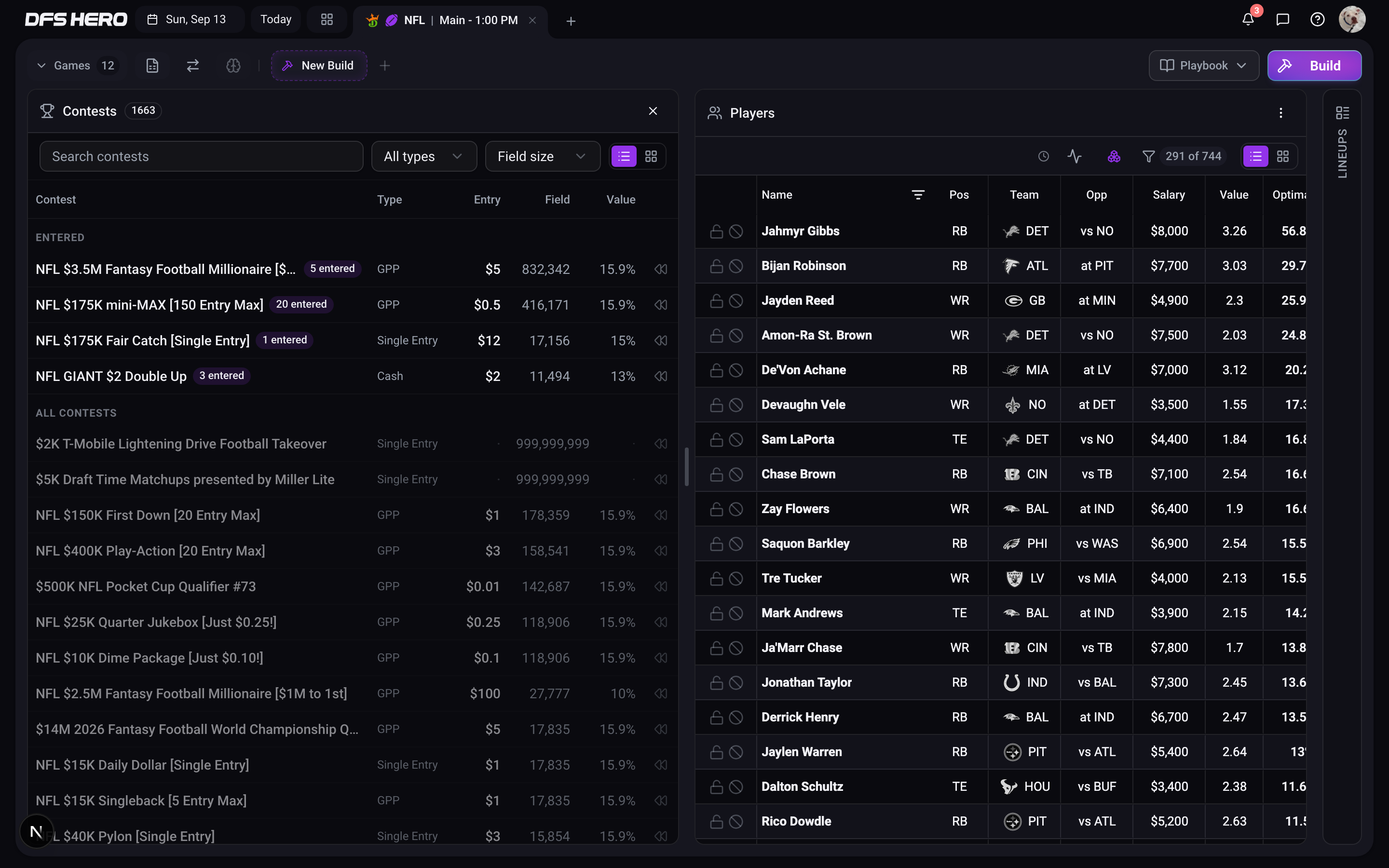 The CONTESTS rail with the ENTERED group at the top: the entered NFL contests, each with an entered badge