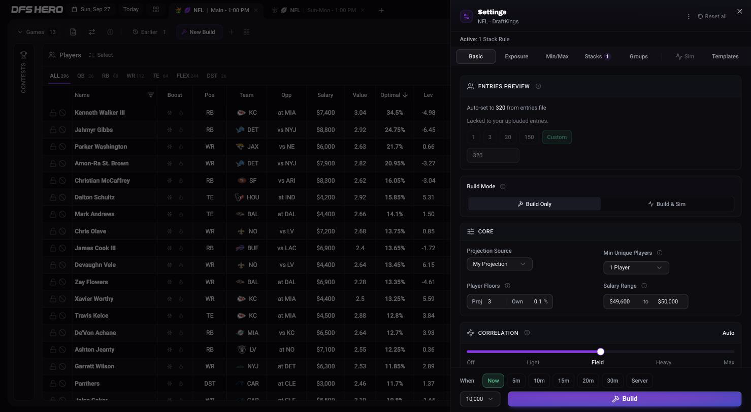 The Build Settings sheet with ENTRIES PREVIEW locked to the 320 uploaded entries