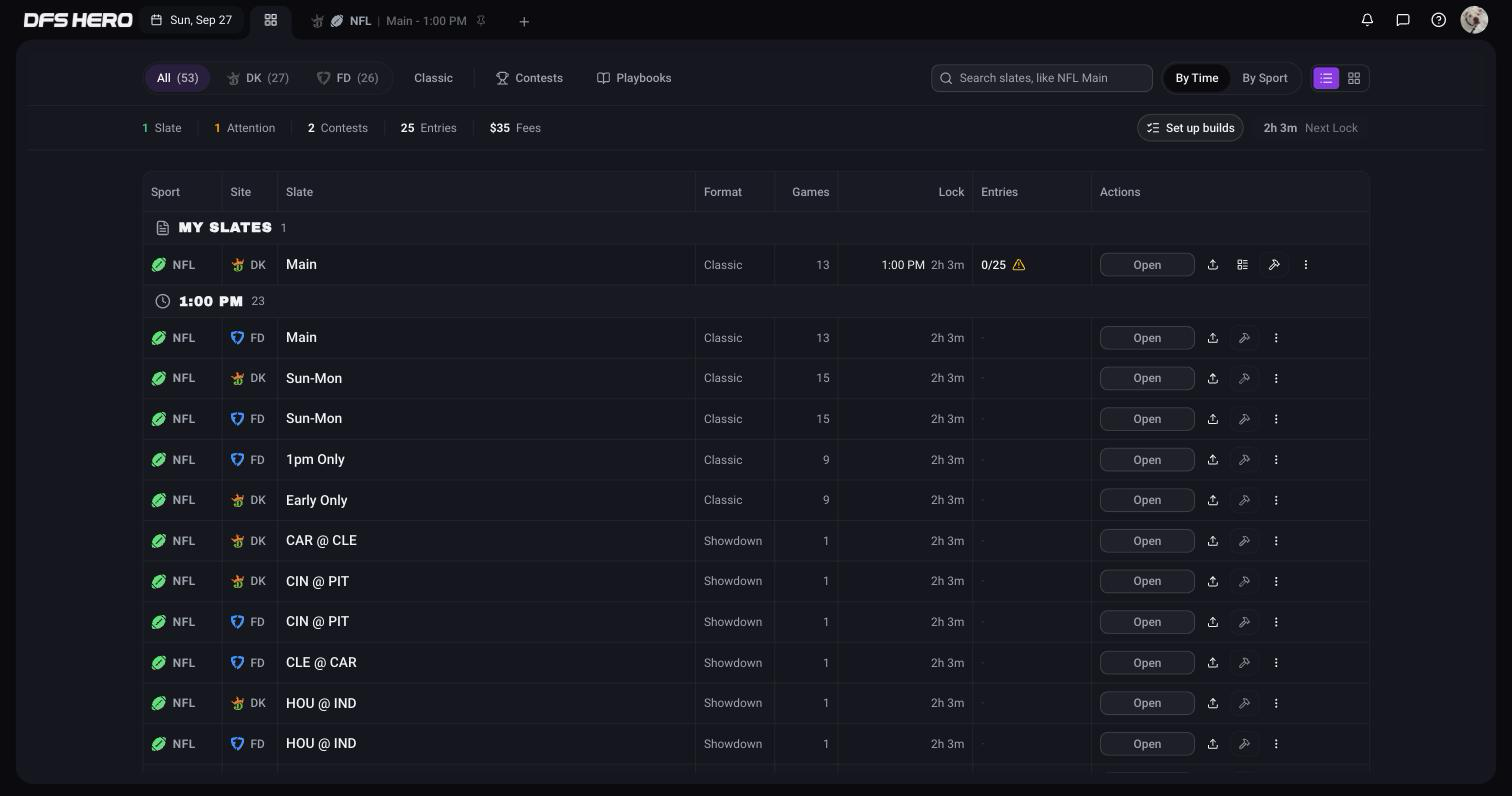 The Day View for Sunday after an upload: the NFL Main slate in My slates with 0/25 entries and its upload icon